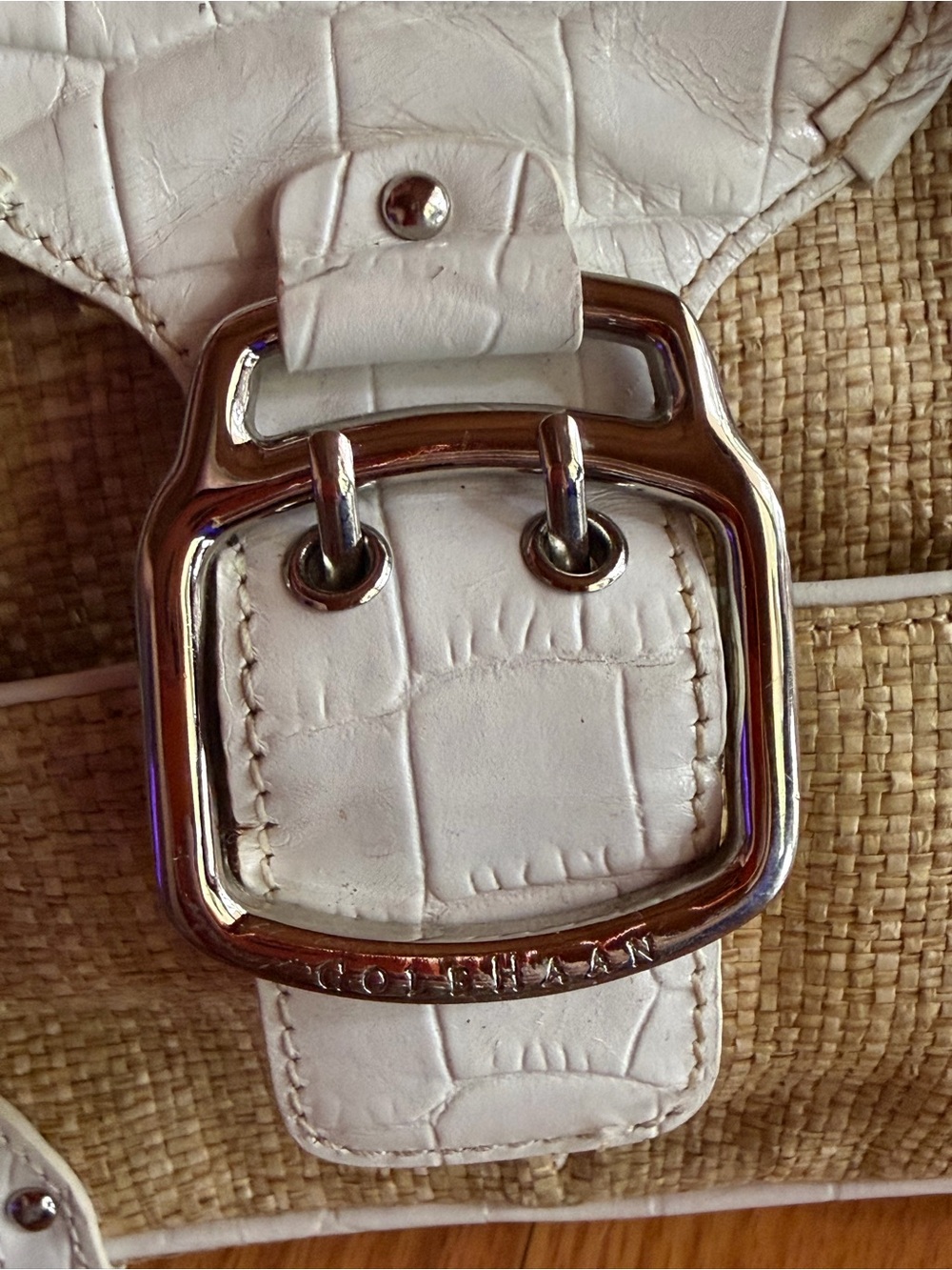 Cole Haan White Croc-Embossed Trim Straw Tote with Silver Buckle - Picture 9 of 13